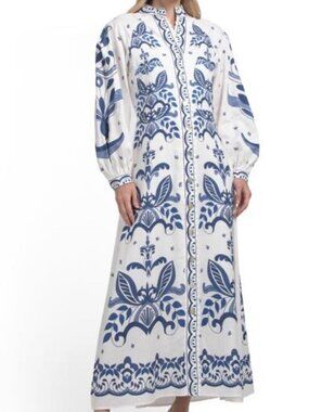MAGASCHONI White and Blue Floral Linen Blend  Maxi Dress